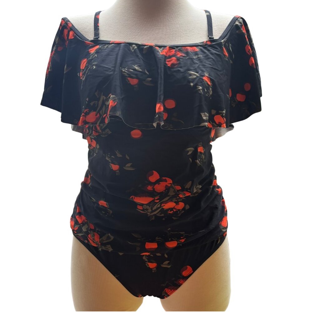 NWOT Off Shoulder Black Orange Fruit One Piece Swimsuit Summer Pool Plus Size 12